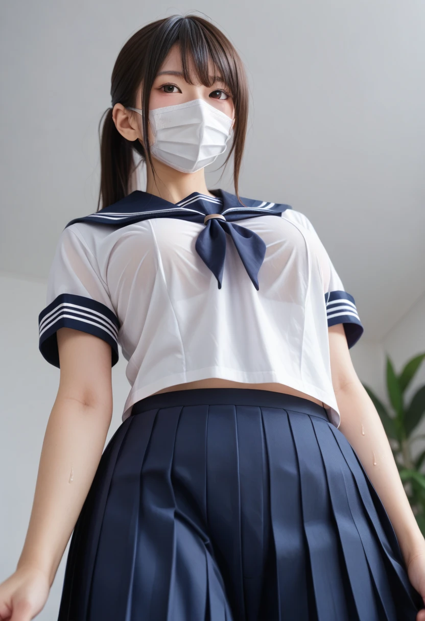 Put your arms on your head,lay on bed,The mouth is blocked by a spoutball, Long_Hair, Looking_at_peeping at the viewer, Large Thigh, the bow, shackle, BDSM, shackle, ropes, shackle, school uniform, Open navel,shibari, Bound_Arms, Ball_gag