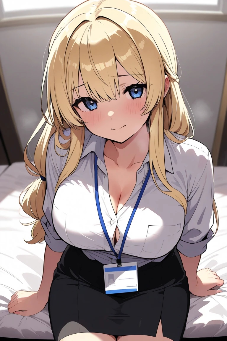 in 8K、top-quality、​masterpiece、ultra-detailliert、Ultra-high resolution、((1 persons))、girl with、a blond、makeups、耳Nipple Ring、a necklace、big round lens glasses、Medium chest、White shirt、Unbutton、cleavage of the breast、Sit on the bed、a miniskirt、((White panty))