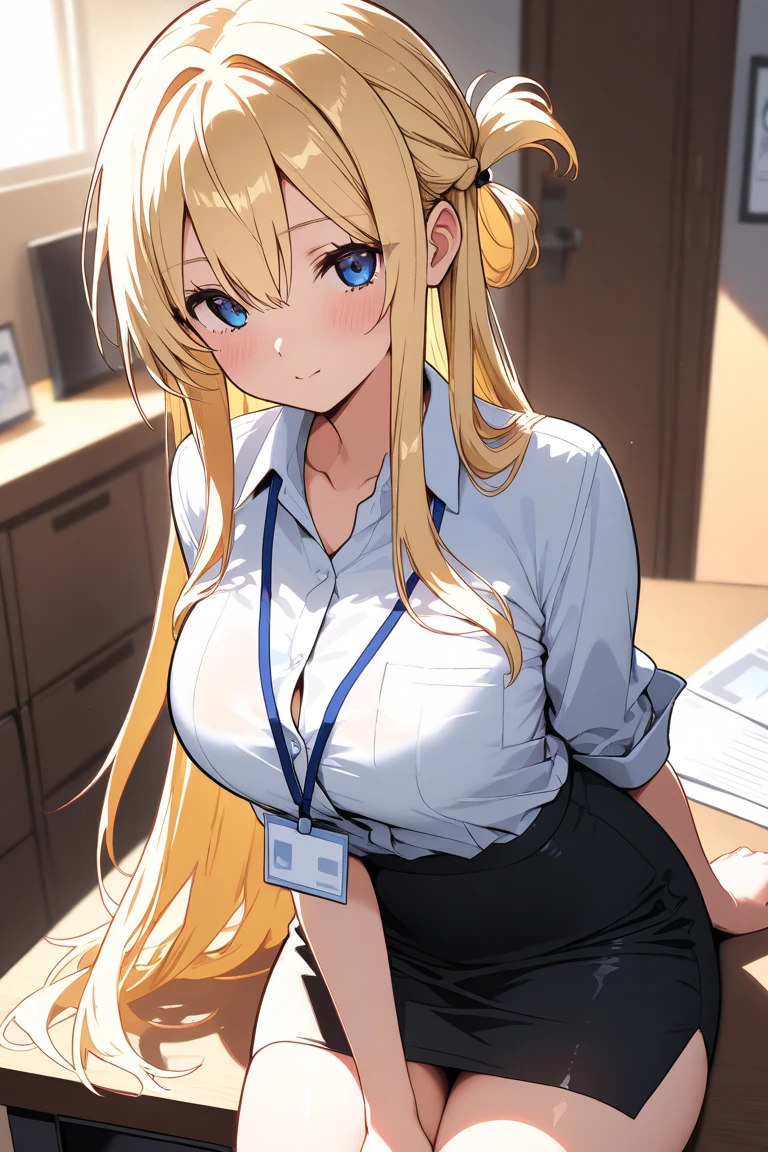 age 35 face, 1girl, blonde Hair, seductive, secretary, snobby, large breasts, cleavage, office worker, nude, lewd, desk