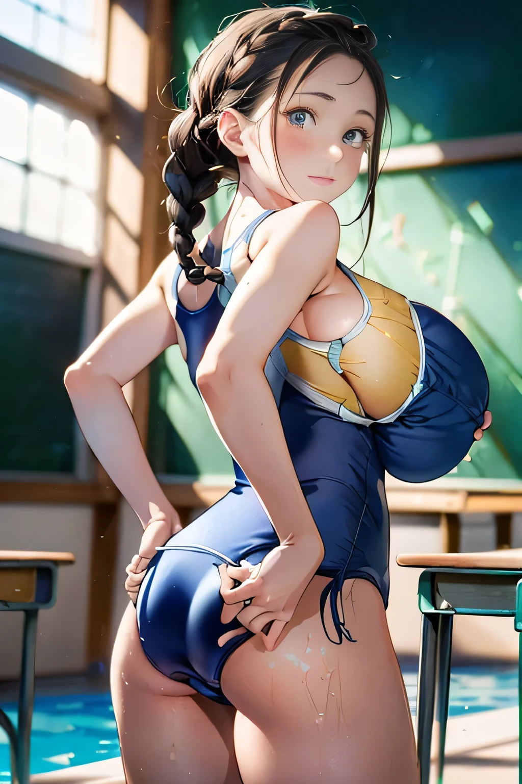 Browsing Caution,Highest quality、In 8K、masterpiece、Hmph、Ultra-high resolution、RAW Photos、(Realistic:1.3)、Natural soft light、(Written boundary depth)、thin、(whole body:1.2)、From behind、Detailed face and eyes、Realistic、Sharp pupils、Inside the warehouse、(Dynamic action poses)、Young Face、Beautiful 17 year old girl、Glowing Skin、(Braiding:1.2)、Beautiful black hair、Red Eye、(blush:0.7)、Embarrassed face、Sweat、(School Swimsuit:1.8)、(Thighs Thighs Thighs Thighs:0.8)、Hip、(Huge breasts:1.7)、(((Angle from behind:1.4)))、Erect nipples:1.4、Small Nose、Small Nose、((vagina、Sex:1.5、Capable person))、Attractive ass、Camel Toe、Giant tit、Nipple Puffs、Cleavage、Plump、Super big breasts、Super big butt、Bubble butt、Chubby、Jiggly body、Jiggly belly、Protruding excess fat、Clothes that bite into、、((pose partially visible vulva))、See-through