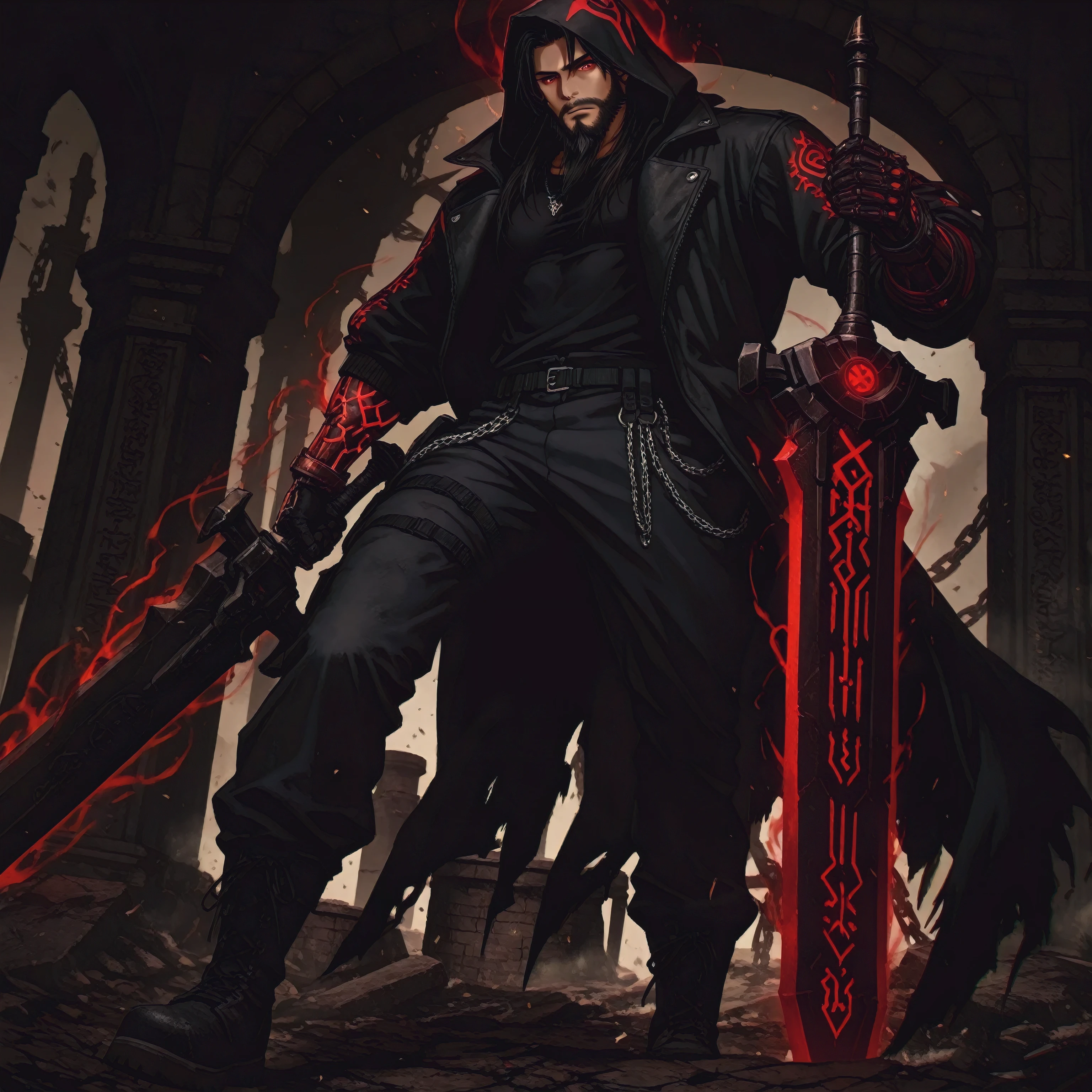 male, 27 years old, urban dark fantasy, black parka jacket, glowing red kanji straps, glowing red eyes, shadowy hood, slim athletic build, demonic mechanical right arm, gothic details, tight black shirt, ancient runes, ripped tactical pants, rune engravings, heavy combat boots, chains, cursed industrial greatsword, glowing red digital runes, floating red spell scrolls, cursed aura, dominant pose, cracked dusty battlefield, dark smoky background, swirling ash, anime style, ultra detailed, gothic tech aesthetic, cinematic lighting, urban mystic warrior, masterpiece, thick bear-style beard, full and dense facial hair, well-groomed, rugged masculine appearance, dark beard, textured and voluminous, slightly wild but maintained, strong jawline covered in beard, realistic hair strands, natural flow