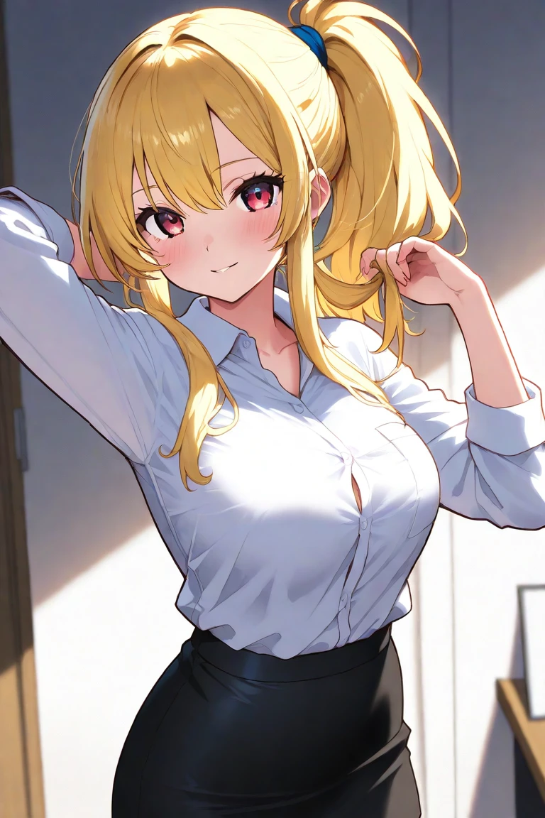 (detailed) (high quality) (hd) (anime style) Teen girl, blonde hair, young, bold, sexy, wearing shirt, no pants, aroused, teasing, teasing a teen shy innocent boy, shy, aroused, junior, bulged dick,