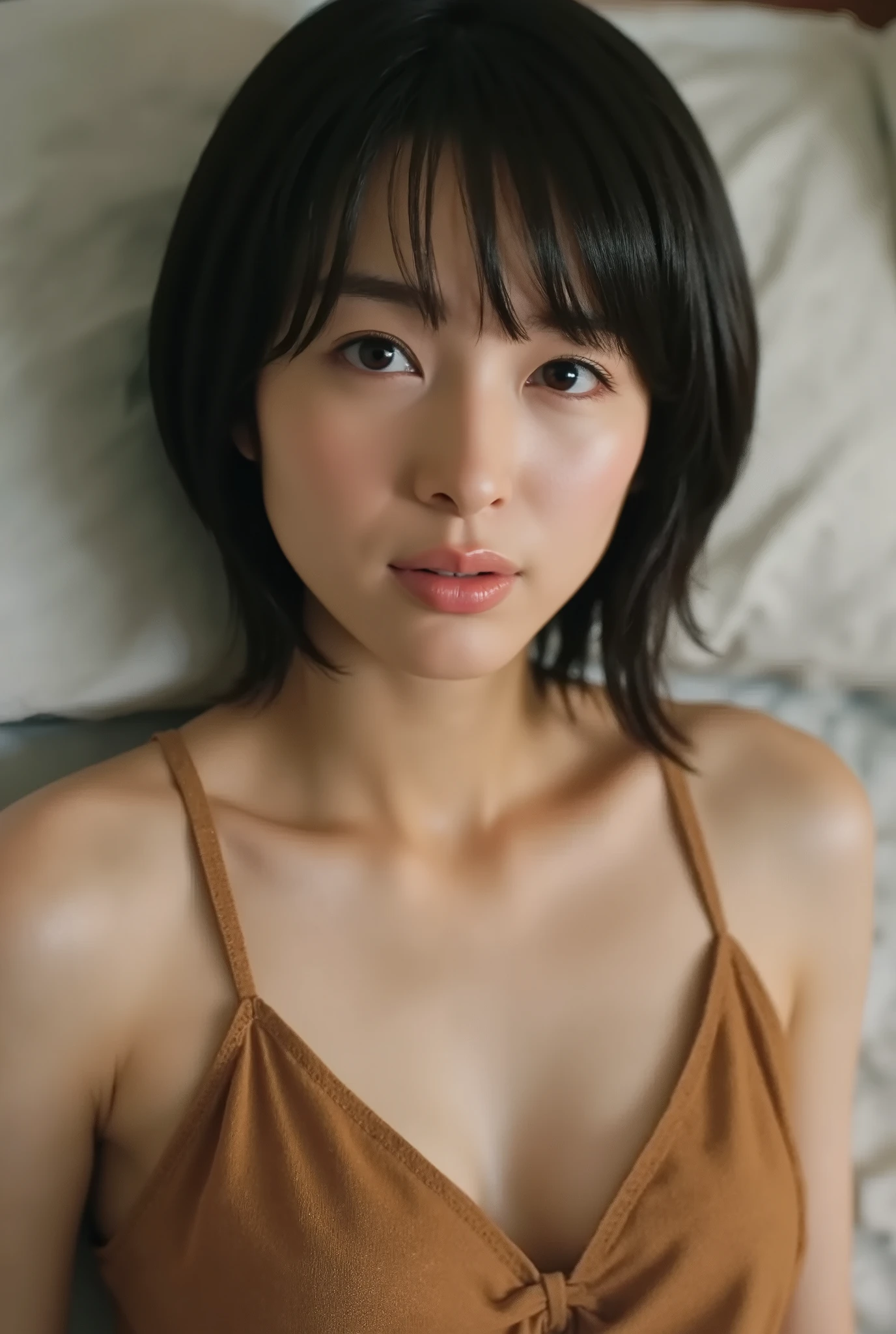 (( top quality )), ((masterpiece)), ( details), Japanese, first-person view ,1 girl, sexy,( in bedroom),((( abnormally large breasts , underwear, short bob hair))), black hair , (( without makeup, small eyes))