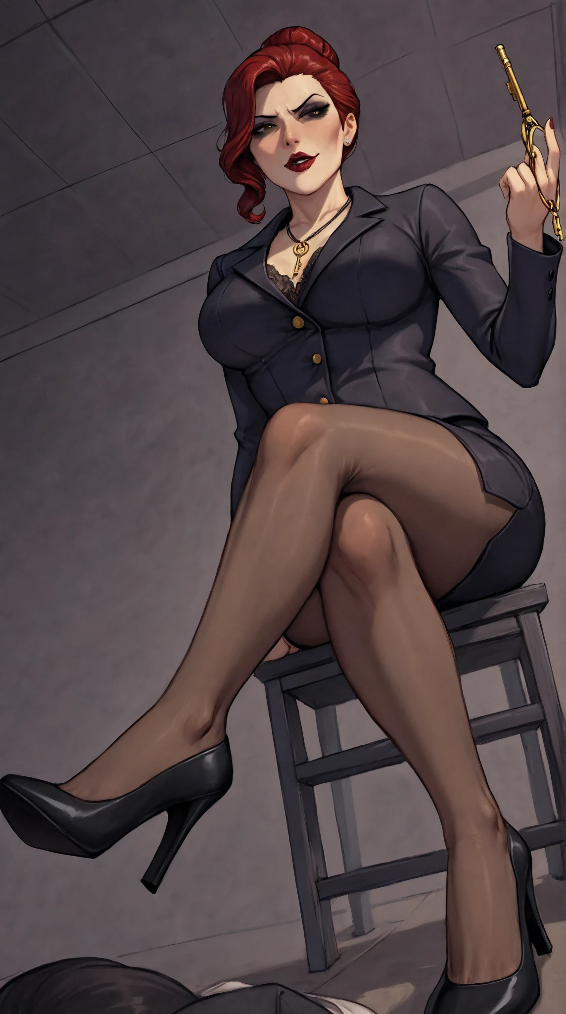 Detailed CG artwork, (highest quality, Exquisite details, An absolute masterpiece), (Head to toe images)), ((Full body image)),(Lying on the sofa),(Plus Size Model)), (((Dark mahogany skin))),(((Light blonde))), (alone,Beautiful mahogany black skin、White business casual),be familiar with beautiful mature face, Highly detailed beautiful face and eyes, (be familiar with, Fascinating, And clear eyes), (Plump, glossy purple lips)),((High heels)),(purple eye shadow), blush, (sadistic Fascinating smile), (Curvaceous), ( Incredibly large and curvaceous hips), (Very huge voluptuous ass), (Huge thick thighs), (Glowing Skin), (Wet oily skin), Finger nail art, jewelry, bracelet, Hoop Earrings