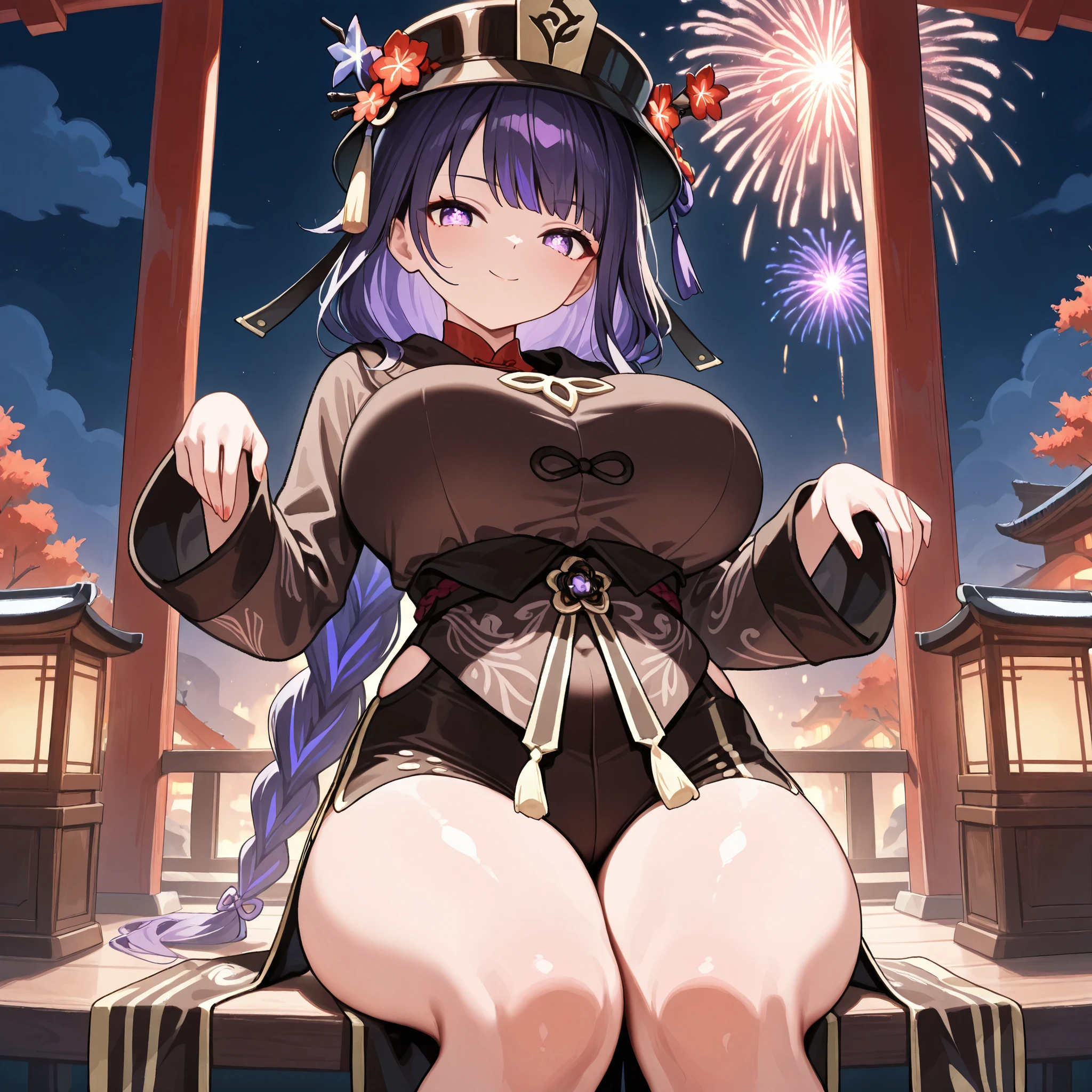 masterpiece, best quality, very aesthetic, absurdres, safe, raiden shogun, beautiful purple eyes ,long braided hair, long purple hair , Hu tao costume ,She is wearing a dark-colored, The outfit includes a short, high-waisted jacket or tunic with long sleeves featuring swirling patterns and decorative knots, paired with equally stylish short shorts. A unique hat with a stylized crest adorns her head, complemented by a decorative branch of red flowers. The overall style should evoke a sense of celebration and festivity, possibly a cultural holiday. ultra very big breast, smile face, sexy pose, fullface body, serious face ,solo woman , anatomical details , drawstring , outdoor , Chinese settlement, best quality , good eye , sit on chairs stone, look a viewer , plump thighs , perfect background , Oppai / Large breasts slim body , seductive pose , only one woman , perfect big thighs , side , 8k resolution,hair ornament, hu tao costume, background firework, night