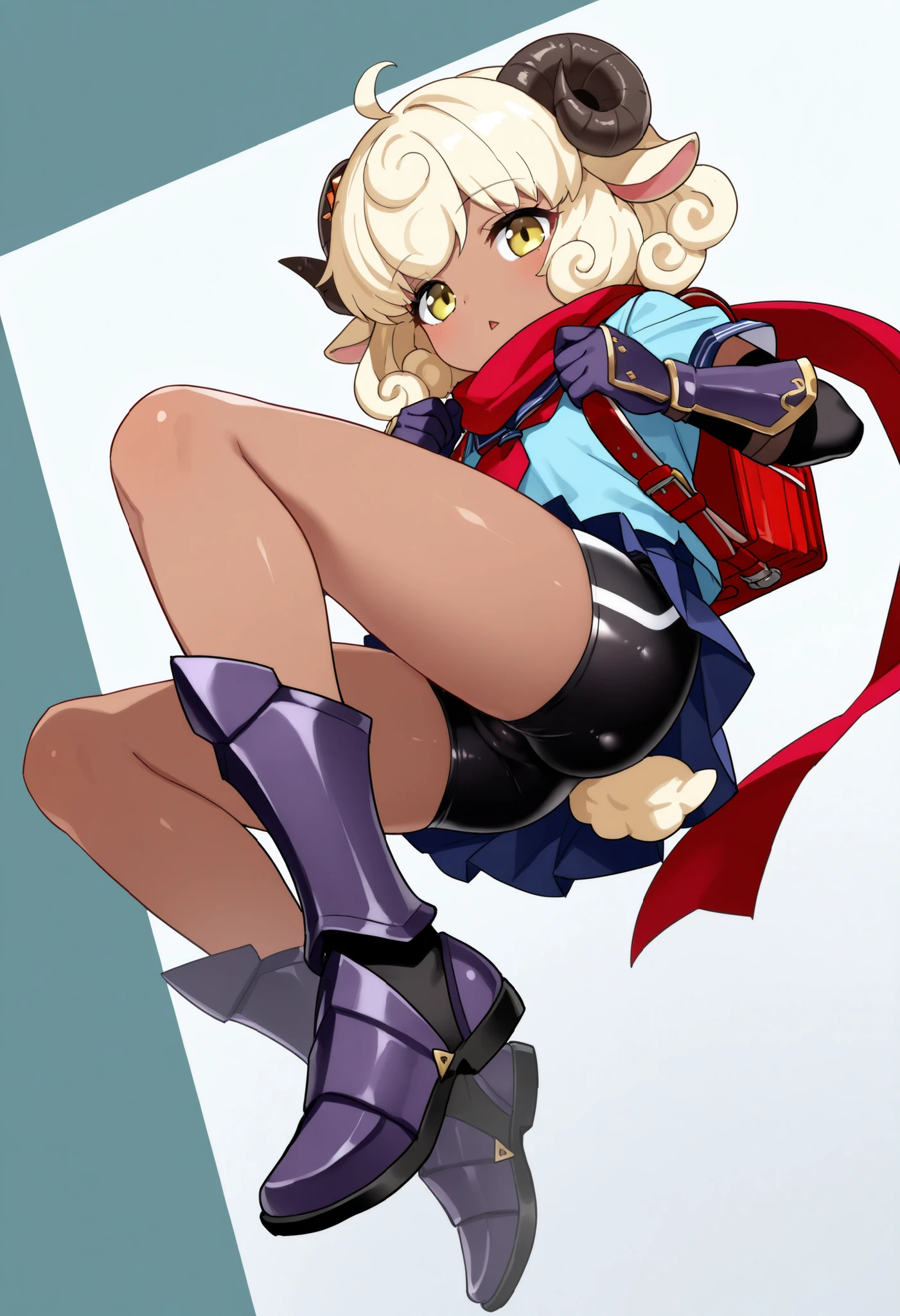 score_9, score_8_up, score_7_up, masterpiece, highest_quality, ultra_detailed, nsfw, absurdres, official_style, intricate_details, sharp_line, from_below, BREAK solo_girl, solo_girl_focus, girl is (cute_female_toddler, (sheep_kin, sheep_ears, sheep_horns, sheep_tail, kemono, black_eye_liner), white_curly_hair, dark_skin:1.5, expressionless, triangle_mouth, short, skinny, bony, flat_cheat, (ninja_scarf, ninja_gauntlets, ninja_greaves, schoolgirl_uniform, schoolgirl_miniskirt, compression_shorts:1.5, school_backpack), jumping_pose, hold_wizard’s_staff):1.5, BREAK full_of_details, detailed_face, anatomically_correct, five_fingers, perfect_hands, perfect_fingers, dramatic_angle, dynamic_angle, dynamic_perspective, simple_color_background, (covering_privates, convenient_censoring):1.5, motion_line, motion_blur