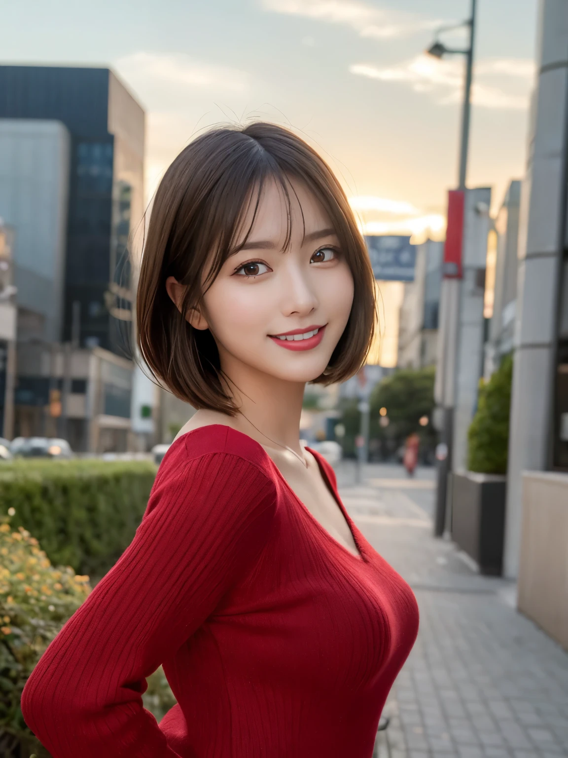 Look at this and be happy smile、Under the Autumn Sky、Red sweater、Tabletop, highest quality, figure, Very detailed, In detail, High resolution, 8k wallpaper, Perfect dynamic composition, Beautiful fine details,Short Bob Hair,small breast natural color lip, bold sexy pose,smile,Shibuya Ward、18 year old girl、cute、Subject posing sexy for the camera