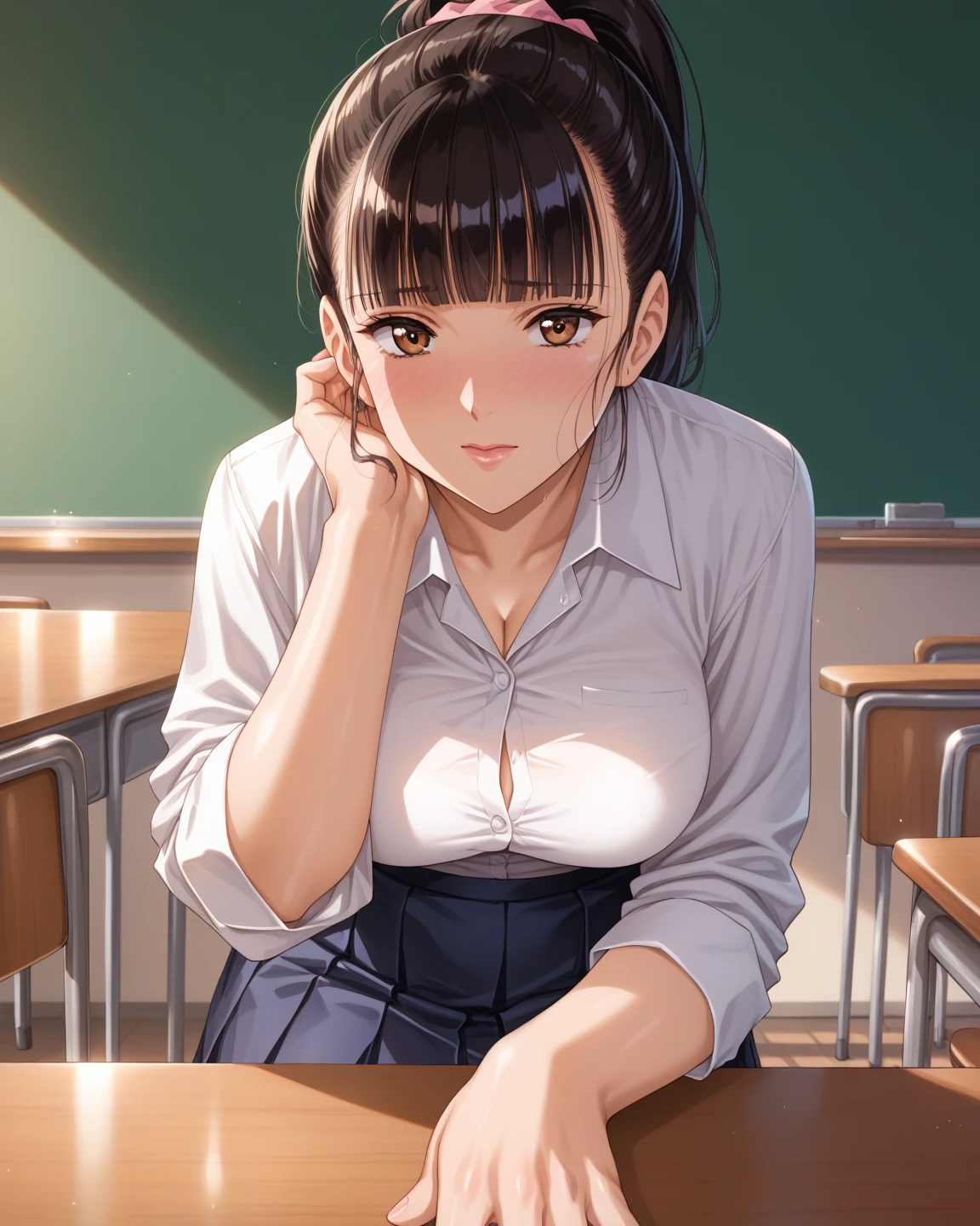 (masterpiece, best quality), intricate details, 1girl, komi_shouko, white shirt, classroom,