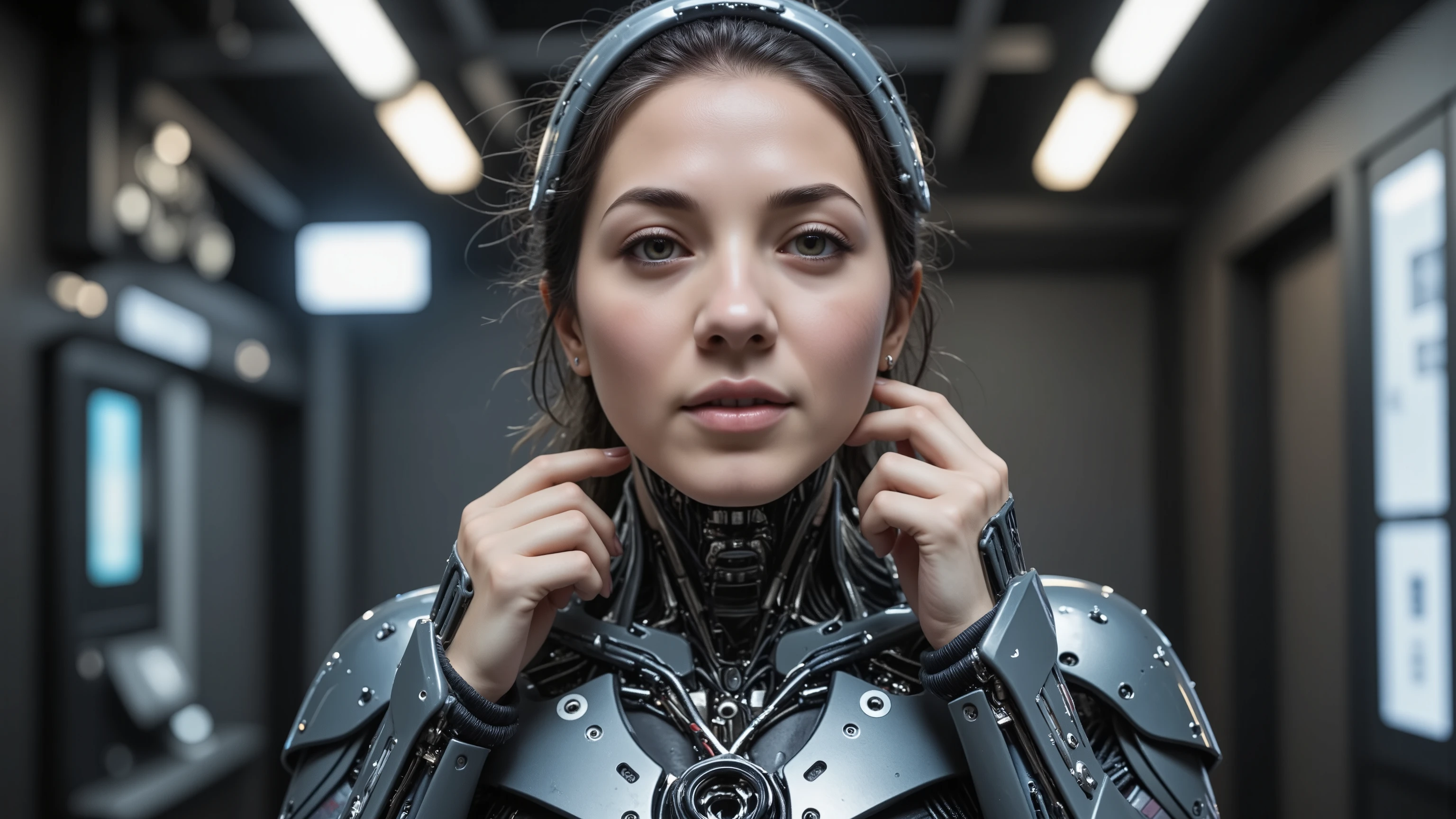 A stunning full-body portrait of a young woman, blending human and cybernetic features. She stands tall, her porcelain-like face glowing with soft studio light, accentuated by a rim light on the hairline. Robotic parts seamlessly integrated into her body, with wires and microchips visible beneath her skin. Her facial muscles subtly contorted in a serene expression, as if processing information. Cable electric wires tracing along her arms, merging with the intricate details of her hands. Hyperrealistic rendering captures every pore, eyelash, and lip detail, making it seem almost lifelike. Perfectly framed within a H. R. Giger-inspired cyberpunk setting, this masterpiece exemplifies photorealism in its purest form, worthy of UHD, HDR, and 16K resolution.