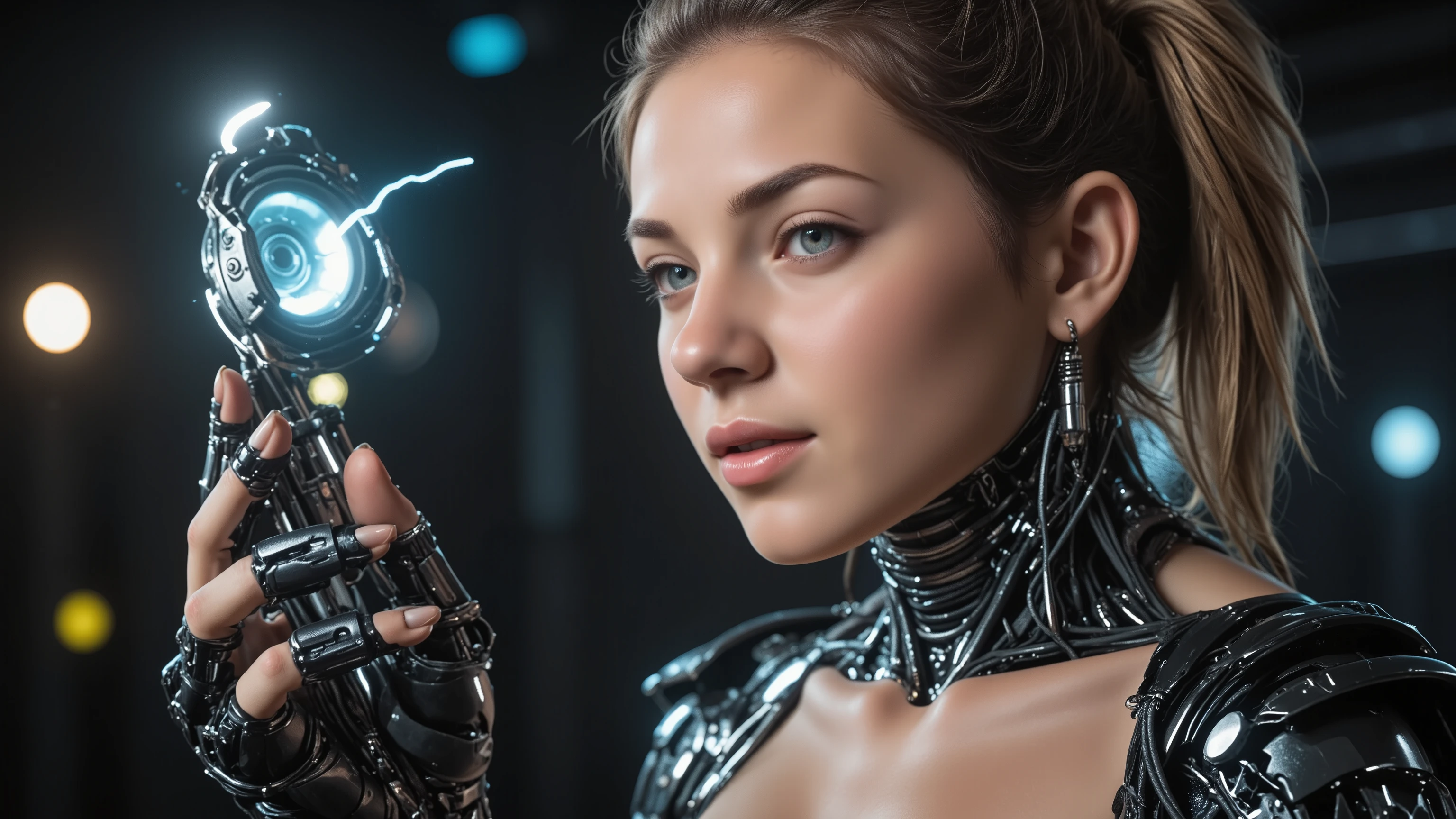 A stunning full-body portrait of a young woman, blending human and cybernetic features. She stands tall, her porcelain-like face glowing with soft studio light, accentuated by a rim light on the hairline. Robotic parts seamlessly integrated into her body, with wires and microchips visible beneath her skin. Her facial muscles subtly contorted in a serene expression, as if processing information. Cable electric wires tracing along her arms, merging with the intricate details of her hands. Hyperrealistic rendering captures every pore, eyelash, and lip detail, making it seem almost lifelike. Perfectly framed within a H. R. Giger-inspired cyberpunk setting, this masterpiece exemplifies photorealism in its purest form, worthy of UHD, HDR, and 16K resolution.