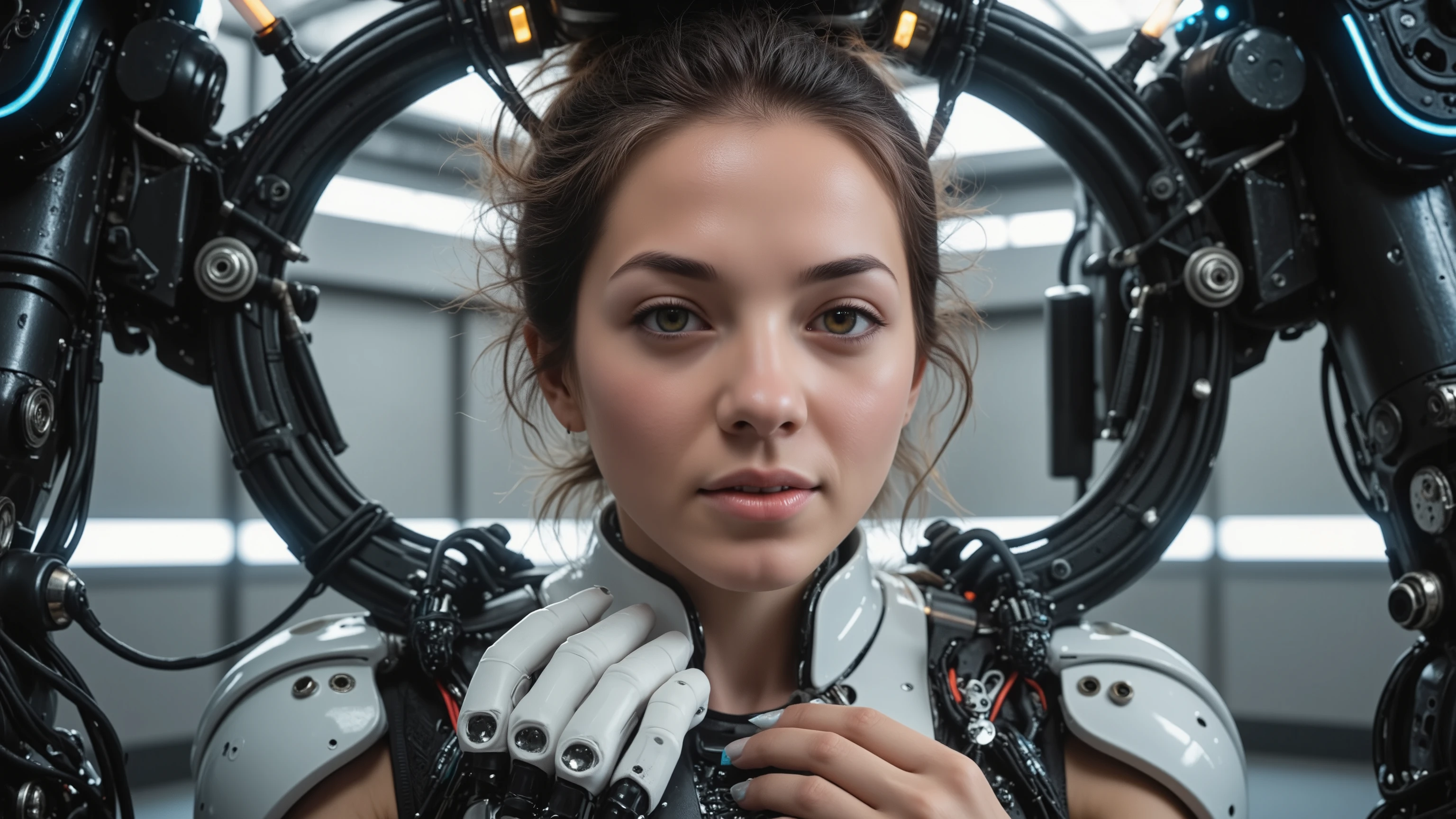 A stunning full-body portrait of a young woman, blending human and cybernetic features. She stands tall, her porcelain-like face glowing with soft studio light, accentuated by a rim light on the hairline. Robotic parts seamlessly integrated into her body, with wires and microchips visible beneath her skin. Her facial muscles subtly contorted in a serene expression, as if processing information. Cable electric wires tracing along her arms, merging with the intricate details of her hands. Hyperrealistic rendering captures every pore, eyelash, and lip detail, making it seem almost lifelike. Perfectly framed within a H. R. Giger-inspired cyberpunk setting, this masterpiece exemplifies photorealism in its purest form, worthy of UHD, HDR, and 16K resolution.
