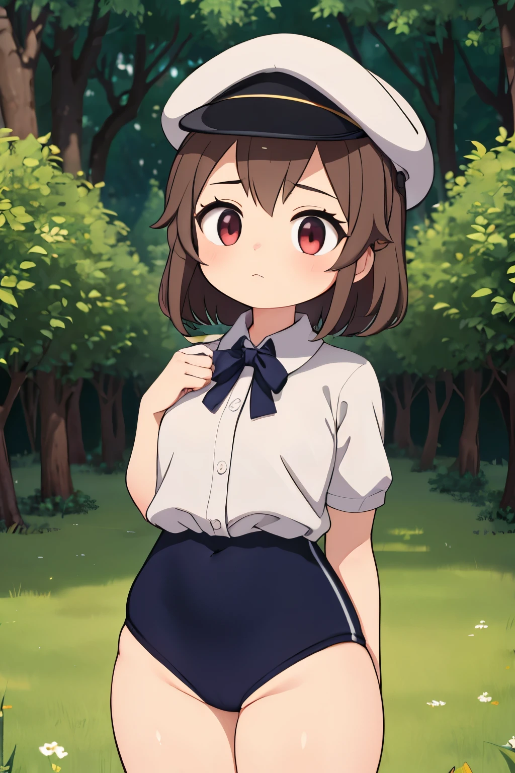 (masterpiece, highest quality), 1 girl, beautiful face, beautiful body,  wearing a Black gymnastics bloomers, High leg、white blouse,    cowboy shot、Are standing、full body portrait、alone, complex details, enlarged textures, complex details, finely detailed eyes and detailed face, intricate details, (closed mouth), perfect eyes, equal eyes, perfect body, extremely detailed, (), extremely realistic 3d,In a dark forest、cap,long violate hair,Grass