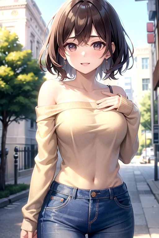 walk in the park, masterpiece, highest quality, (maximum resolution: 1.2), (Ultra HDTV: 1.2), cinematic light, Ultra HDTV, (detailed eyes and skin), (detailed facial features), 8K resolution, sharp focus: 1.2, perfect body, Anatomically correct, beautiful face, double eyelids, thin eyebrows, natural lip color, 25 years old lady, cheeks are red, slender body, small breasts, smile, pretty earrings, white T-shirts(extra large size: 1.2), short denim,