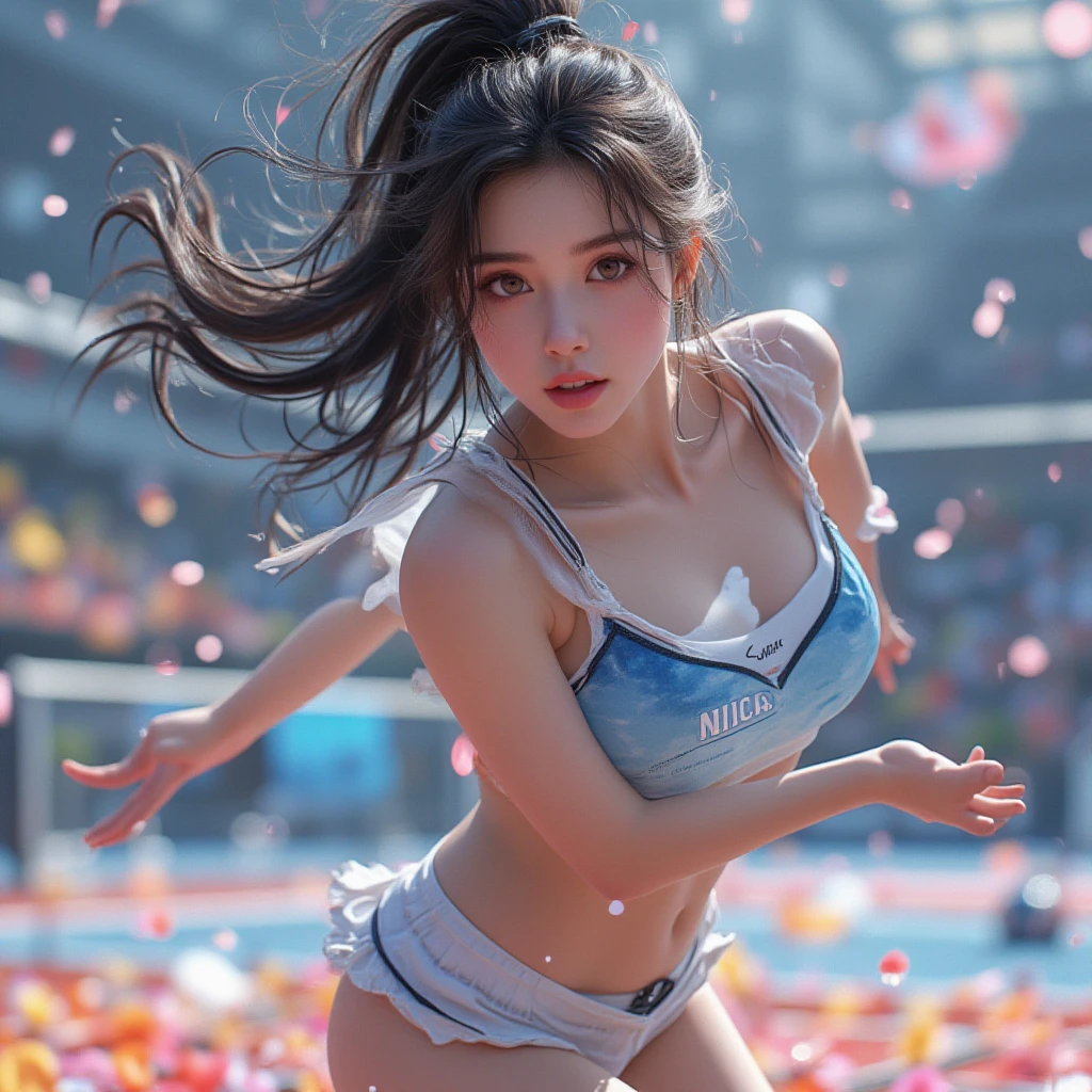 1 girl, (Face the audience:1.8),Solo, Running, Gray Track Top,plain face ,Pink shorts, pony tails, Liuhai,Bigboobs,Athletic figure,Black hair,Dynamic brushstrokes,Smooth movements,Capture the essence of her sportsmanship and energy,Light and pastel tones create a dreamy and ethereal atmosphere,Portrays the movement and elegance of running,The wind blew her ponytail and clothes,and the landscape around her。exteriors,detailed back ground,Modern metropolis,
