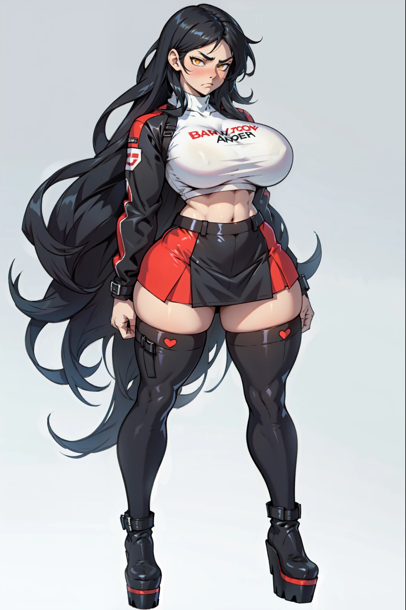 pale skin 1girl huge breasts bodybuilder muscular toned body wide hips curvy thick thighs black hair yellow eyes angry extremely long hair