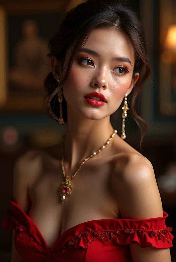 A Japanese woman in a low-cut evening gown, the close-up capturing her cleavage and the exquisite necklace she is wearing, highlighting her nobility and sensuality.