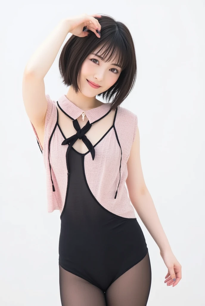 Picture taken from the front, with the left and right sides equally spaced, draw symmetrically, simple background, stand upright, upper body, (arms behind back:1.5), One girl, very short hair, (camisole, sports panties)