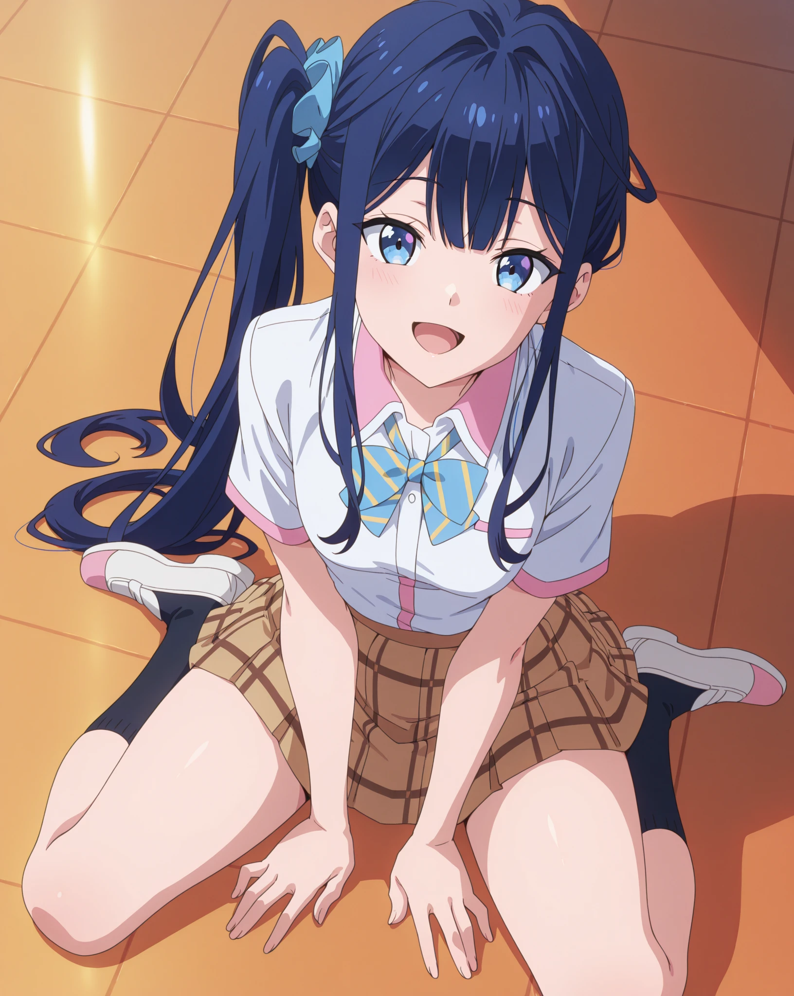 Minya Johnson, Mini Yaemori, Long Hair, stripe, Black Hair, Blue Hair, (Purple eyes:1.1), Multicolored Hair, stripe contundente, Striped Hair, Ahoge,break shirt, White shirt, Short sleeve, clothing lighting,Looking at the audience,break (Tabletop:1.2), Highest quality, High resolution, unity 8k wallpaper, (shape:0.8), (Beautiful and detailed:1.6), More detailed faces, Perfect lighting, Highly detailed CG, (Perfect hands, Perfect Anatomy),Big spoiled、,(ブルーstripe々panties:1.3)、(panties丸見え:1.5)、(Squat:1.Alpro、outside of home、、Laughing with your mouth open、Double teeth、show the grimpse、, Displaying the viewer, fact, Daytime, sunlight, 1 Girl, 8K resolution, Blue Hair, blue eyes, Glowing Eyes, White short skirt, blush, Tennis Costumes, Sleeveless shirt, sunlight, Raindrops, See through, Sit with your knees raised., Pussy, Spread your legs, smile, The skirt is lifted, Highest quality, High resolution, Highly detailed face, Perfect lighting, Highly detailed CG, (Perfect hands, Perfect Anatomy), Mini Yaemori, Perfect figure, Expressions of affection, Bottomless, Underarm,