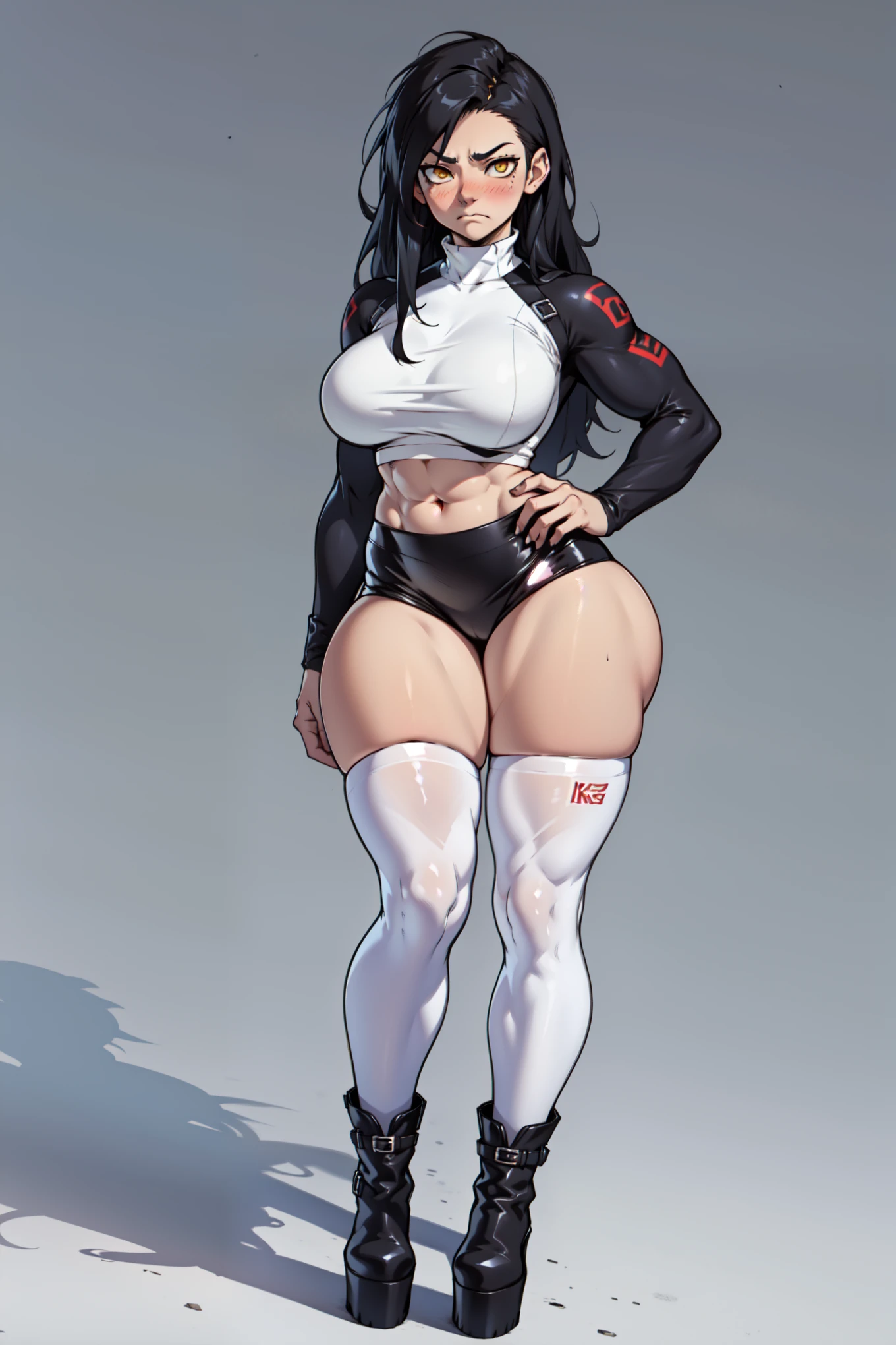 pale skin (1girl bodybuilder muscular toned body wide hips thick thighs curvy huge tits) black hair yellow eyes sad sad (motorcycle shop)