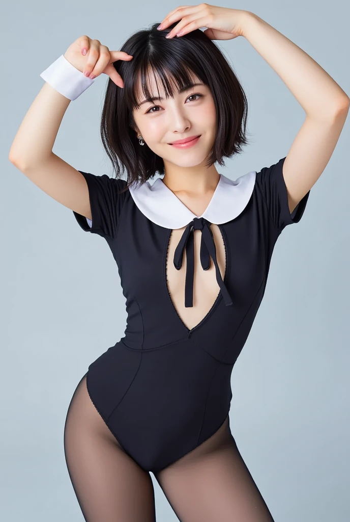 (masterpiece:1.2), highest quality, high resolution, realistic, rabbit ears, black rabbit ears, fake rabbit ears, pantyhose, black pantyhose,bowtie, wrist cuffs, black leotard, casino,roulette table, poker chips, slot machine, chandelier, (8k, RAW photo, best quality, masterpiece:1.2), (realistic, photo-realistic:1.4), (extremely detailed 8k wallpaper), Photo of a beautiful Japanese idol 12 years old woman., (((Very small breasts))), ((Baby Face)), (((sweaty armpits))), Armpit depression, ((((Dimpled Armpits)))), ((((Deeply wrinkled armpits))))