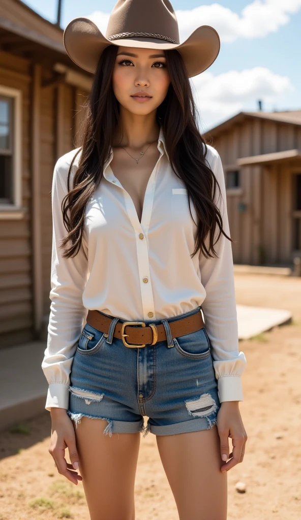 (((Portrait))), JÉnn$ ((Wearing a western shirt)), ((Professional Photo Shoot)), ((in the city)), model shoot style, ((Real skin with pores)), extremely intricate, High Detail, Sharp focus, dramatic, soft cinematic light, (looking at viewer), (Real Eyes), (Detailed Eye Corneas) (detailed pupils), smiling, 24mm, photo lab, elegant, insane details, hyperdetailed, low contrast, epiCRealism, (((SFW)))