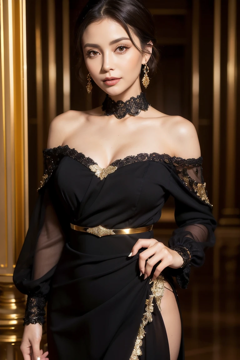 Lebanese lady, diamond dangling earrings, necklace, bracelets, small breasts, 40 years old, smokey eyes, cleavages, red lips, innocent face, pink fashion ball gown, stylish hairstyle, overskirt