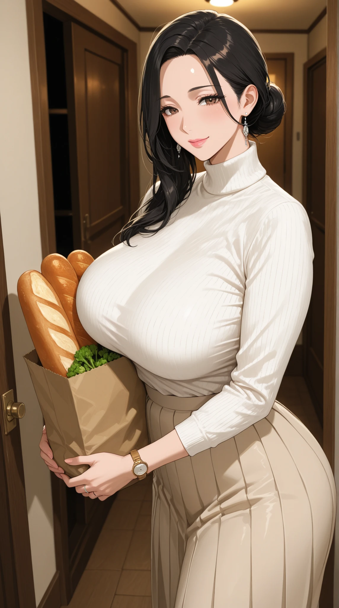 beautiful busty eating ((whole roasted turkey) dishes), fully clothed, brown hair, gigantic breasts, giga_busty.