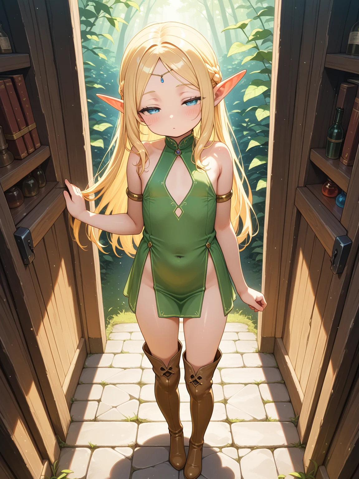 Highest quality、super high quality、16K, Delicious breasts、Completely naked、Facial expressions are random、The location is a fantasy dungeon、 Her hair color is yellow.、The pose is holding a cane、The distance is random、Angles are random、Small face、Very delicate facial expressions、Delicate eye depiction、Highly detailed hair、Erotic、18-year-old female、Glowing Skin、Soft Skin、Only Sexy Elf Women、Elf clothing is random、1 female、Sexy ass、Focus on the buttocks