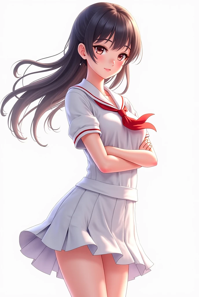 brown hair, lovely smile, absurdity, masterpiece, best quality, real, ultra detailed, (shiny skin, sweaty:1.4), watch viewer, slender, one girl, solo, tennis wear, white polo shirt, white sneakers, white mini skirt, small tits, (thighs:0.4), dynamic lighting, high resolution, sharp focus, depth of field, ponytail, black hair, blue eyes