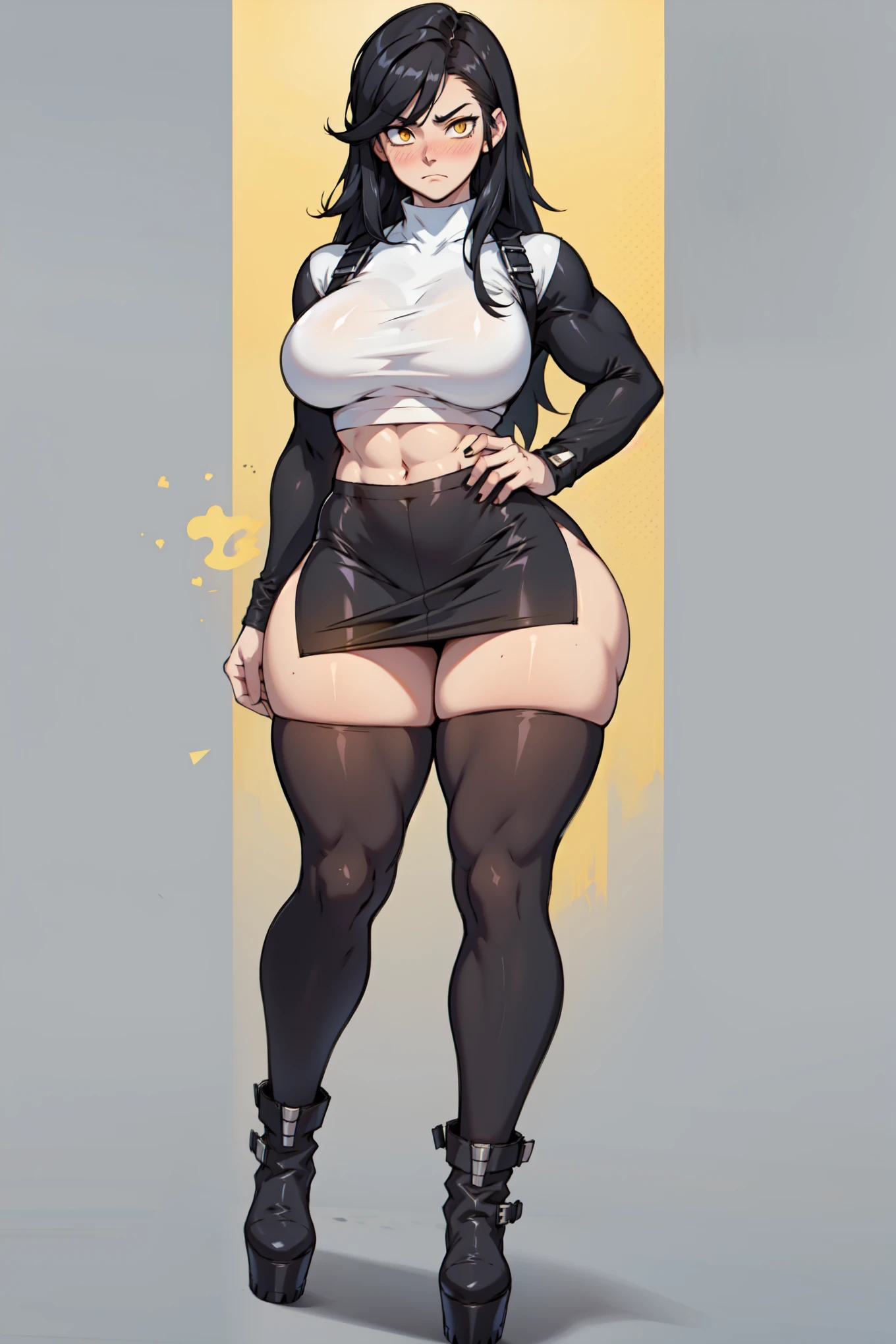 1girl, spiked hair, very short hair, yellow eyes, tan, tan skin, tan-skinned female, black hair, tomboy, pixie cut, large breasts, hourglass figure, thick thighs, smile, smirk, smug, toned, white shirt, jacket, sneakers, black jacket, shirt, short pants, shorts, fingerless gloves, standing, full body