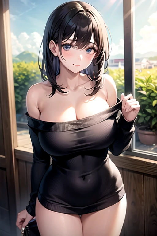 (masterpiece:1.4、top-quality、illustration:1.4,realistic、)、(character focus、,upper body:1.3)、(1girl),(happy smile:1.3),(cute),cute face,blue eyes、(cute)、
,(stand:1.4),(black hair bun),
,(slender),(Shoulderless dress:1.3),
(),(Saggy breasts:1.5), (huge breasts:1.3)、
、slender、