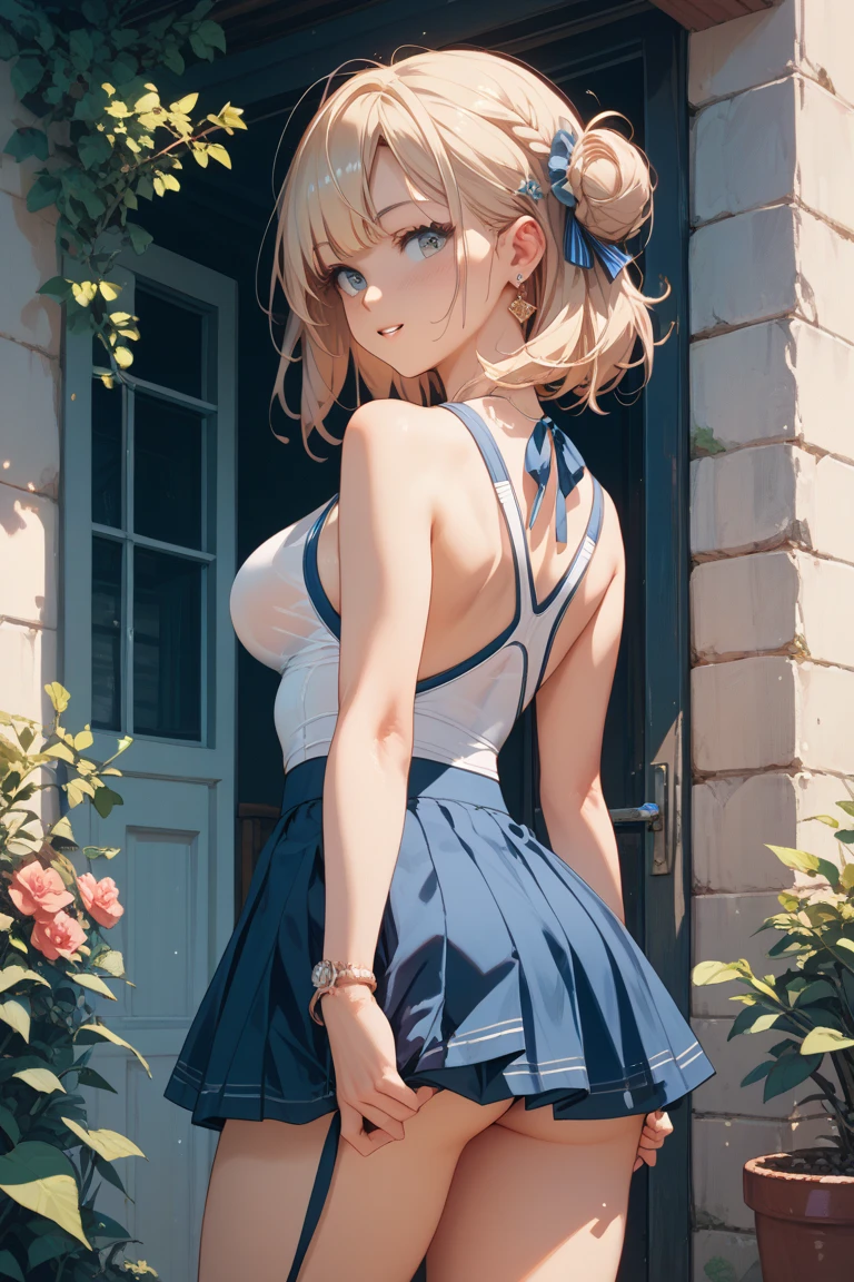 1girl, natural lighting, masterpiece, highly detailed, illustration, game CG, absurdres, high quality, beautiful detailed eyes, glossy lips, natural lighting, medium breasts, blonde hair, hair bun, bangs, hair between eyes, arisa ayase, aahiyori, ballerina, pantyhose, from behind, looking back at viewer, light smile,