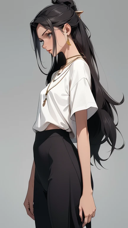 1girl,10s years,solo,smile,black hair,long hair,(((hair 2antennas))),white shirt,short sleeves,white shorts,(white background, line drawing),open mouth,angry,closed eyes,cowboy shot