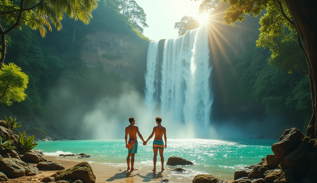 A highly realistic panoramic image of the sunlight of Tarzan and his blonde Jane, seminu vestido com uma tanga de homem primitivo, both standing in the water next to a waterfall half surrounded by jungle trees in 10000 BC.C., Fotografia HD, ultra-realistic, Rei Tut, 4k, hyper-realistic, Crisp texture, cor