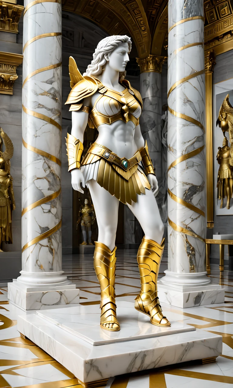 masterpiece,best quality,Hyperdetailed:1,8K,realistic,Photorealistic,ultra-detailed,best shadow,Hyperrealistic,1girl,solo,librasaint, golden armor, golden shields,(golden weapons on back),polearm, gold armor, full armor, upper body,(Sexy figure:1),(Exposed thighs:1.7),(looking at viewer:1.3),(Black triangle underwear:1.2),outdoor,(Greek stone pillars:1.3),(White Cloak:1.2),bad-girl,mature female,Confident posture <lora:librasaint:1>