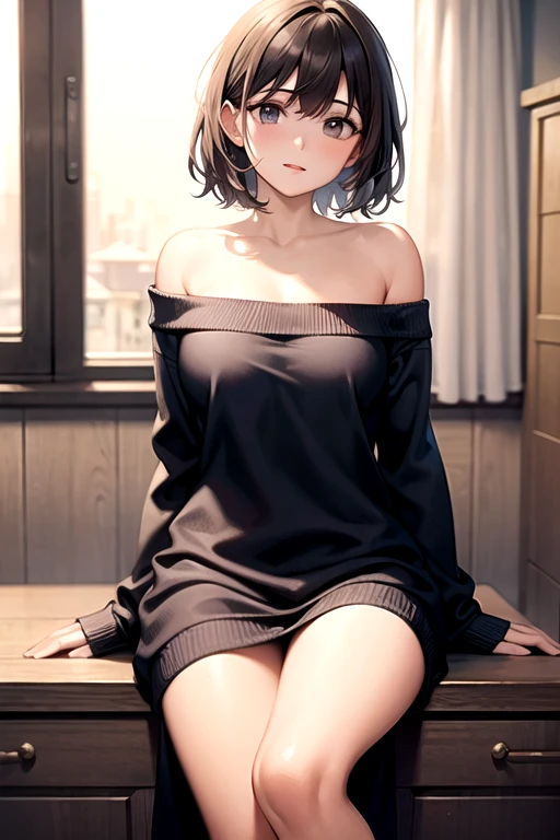 A beautiful detailed portrait of a young girl with a french bob hairstyle, short hair, and wearing stylish e-girl clothes in a cozy room at night. She is sitting alone on her bed, blushing and looking at the camera with a playful, gamer girl expression. The image is masterfully composed with cinematic lighting, ambient occlusion, and extremely high resolution up to 8K, resulting in a soft, smooth, and highly detailed anime-styled portrait with perfect facial features. The overall tone is very sexy and alluring, with a random low angle view accentuating her figure, with sexy clouth. In the Sexy Feet (sitting) pose