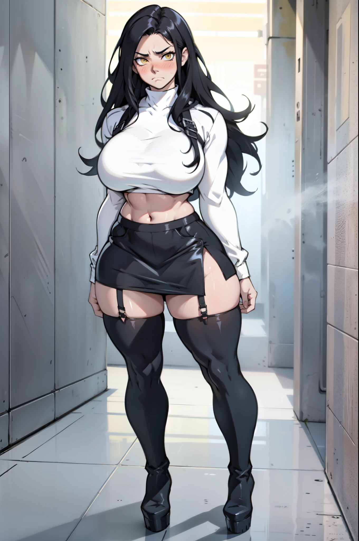 solo, 1 girl, ((full body)), very long hair, black hair, angry, yellow eyes, (((muscular))), ((huge tits)), (thick thighs)), ((wide hips)), pale skin, (lingerie, stocking, garter belt, high heels)