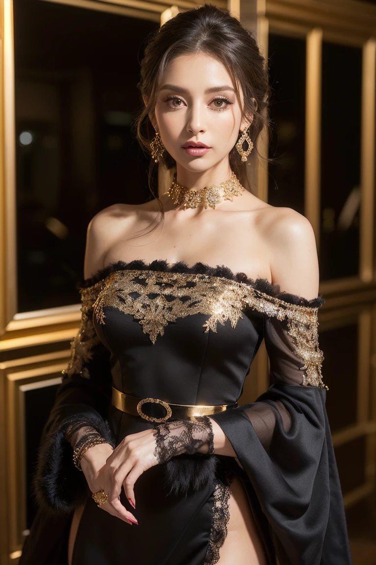 ((full body)), ((from side)), ((realistic)), ((Sit Pose)), ((off shoulder clothes)), inside in room, Detailed scenes, 1girll, looking toward the viewer, (grin, Leaking teeth), Asian model, curlies, Air bangs, Beautiful hair accessories, Brownish-yellow hair,((black long dress, Diamond embellishments)), (warm lights, a warm color palette), Detailed details, ultra-detailliert, (tmasterpiece, best qualtiy), (An extremely delicate and beautiful work), Delicate earrings, Simple blurred background, Extreme detail description, Ultra-fine painting, Delicate face, slim toned body