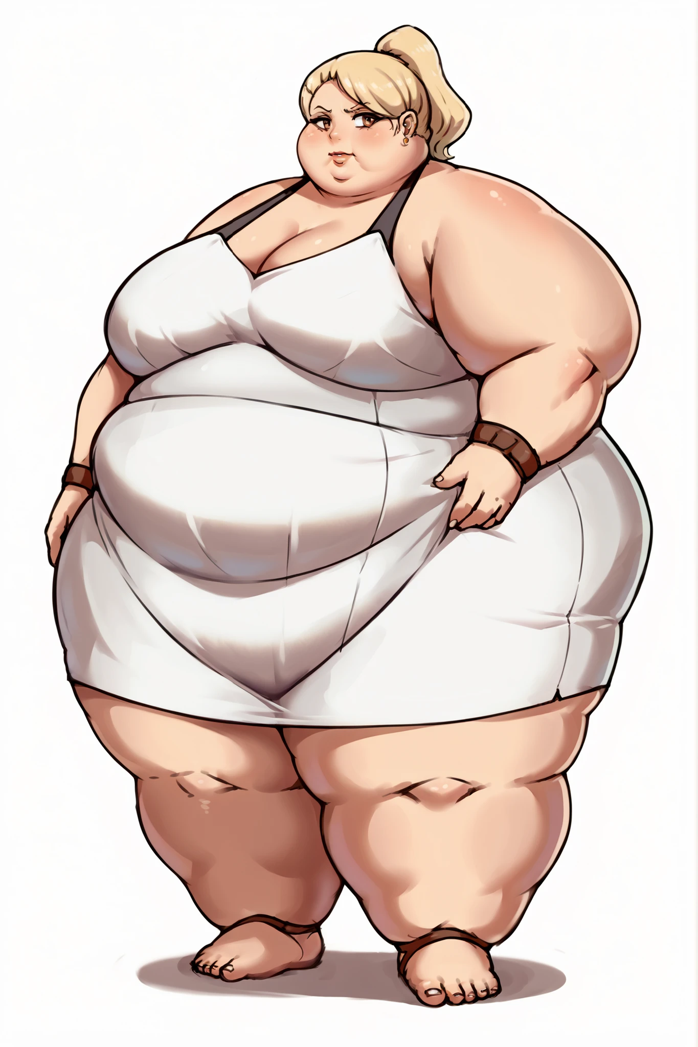 Anime Women, Adult female、Detailed face、amount、amount、Braided Pigtails、Purple Hair、Long Hair、Glasses、Sharp eyes、Thick lips、Purple Lipstick、Painted lips、Very fat、Chubby、obesity、obesity body、Double chin、Cheek、Thick neck、Big Breasts、Saggy breasts、Thick upper arms、Thick arms、thick fingers、Fat belly、Flabby belly、Flabby belly fat、Thick legs、BIG ASS、Brown bodysuit、Full body tights、Standing with your legs apart and bare feet with red nail polish