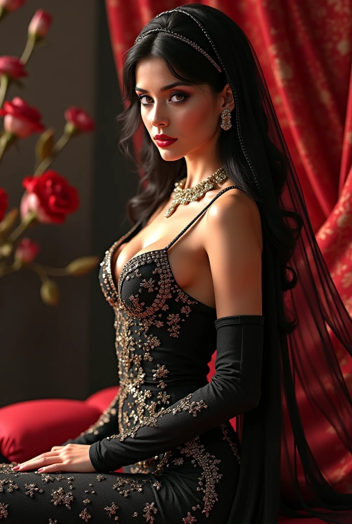 ultra realistic, photography, long black straight hair, elegant hair, (30 years old, hazel eyes, hourglass figure, perfect fit body, natural big breasts), femme fatale, erotic Princess jasmine costume, oriental background, holding the magic lamp from aladdin, rubbing the magic lamp of aladdin