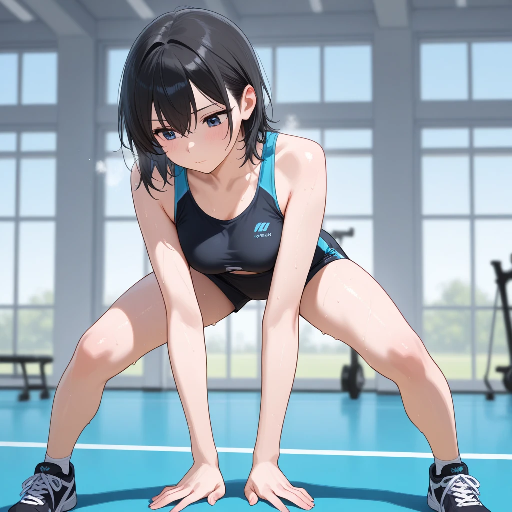 16k works,Top quality Japanese ,18-year-old,no background.White background only,Big Breasts,Black Hair,Black Eyes,full body,Facing forward,squatting,single, Focus alone, Ultra-high resolution, Beautiful Face, Fine grain, Symmetrical eyes, Perfect body, Good balance,, Black Hair, Bob Hair、(((Navy blue school swimsuit)))、((See through)),Sweat