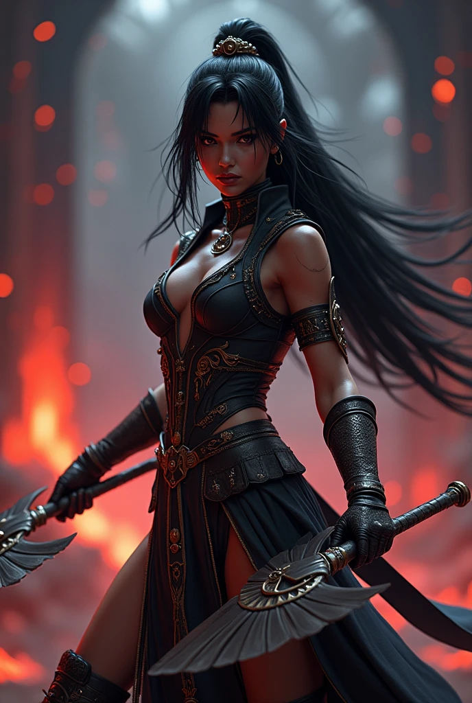 A fiercely skilled woman assassin, her lithe and agile figure is adorned with deadly blades that glint menacingly in the light. The image is a stunning digital painting that captures the intensity and artistry of the subject. Every detail excels, from the intricate etchings on the blades to the sleek texture of her black leather outfit. Her piercing eyes exude a sense of focus and determination, while her flowing hair accentuates her fluid movements. ((the image shows her full body)). This impeccably crafted image portrays the woman assassin as a formidable and captivating force, drawing the viewers into a world of intrigue and danger.