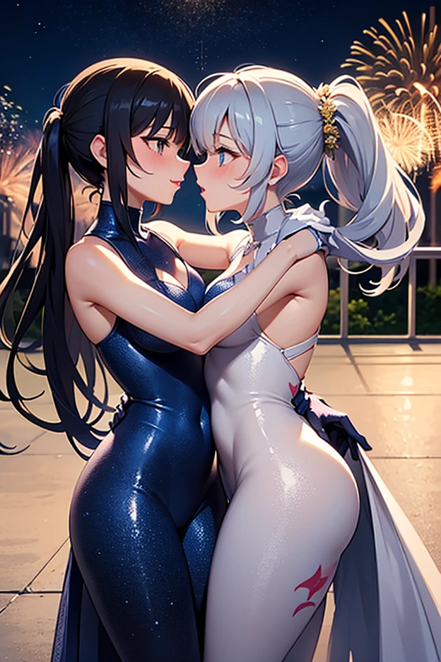 20 years old,Pair icon twins star moon deep blue hair dark blue eyes goddess style, triple D cup breasts, bubbly ass, round ass, round Buttocks, kisses each other