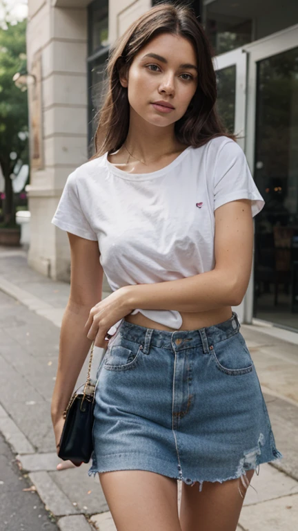A Brazilian woman, redheadwear, with curly hair, with discreet sardines, wearing a short white shirt, a pair of short black denim shorts, posing shyly for an unexpected photo, showing her natural beauty, in a beautiful landscape that portrays modernity.