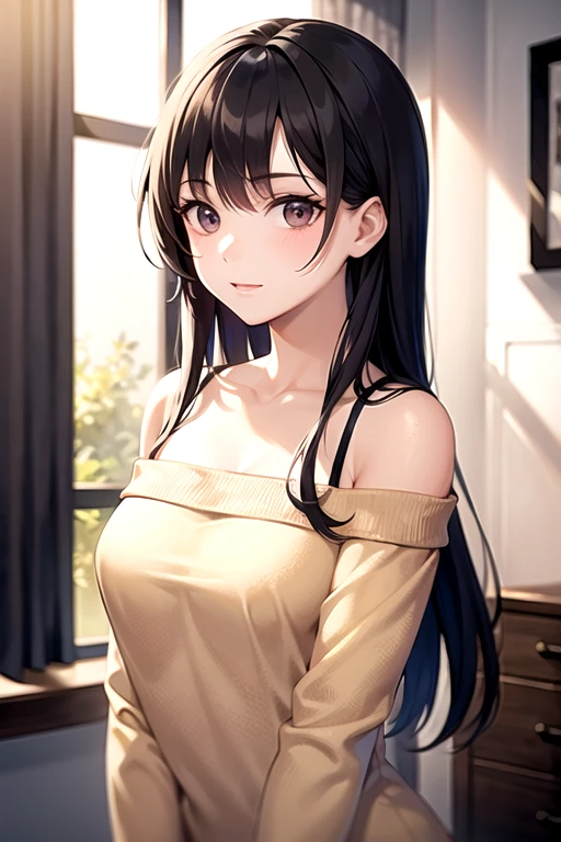 light effect, soft, super clear, high-definition picture, (front), masterpiece, cinematic lighting, Hyuga Hanabi, byakugan eyes, black hair, 1girl, solo, looking at viewer, smile, small breast, open shoulder, black long dress, wing glass holding