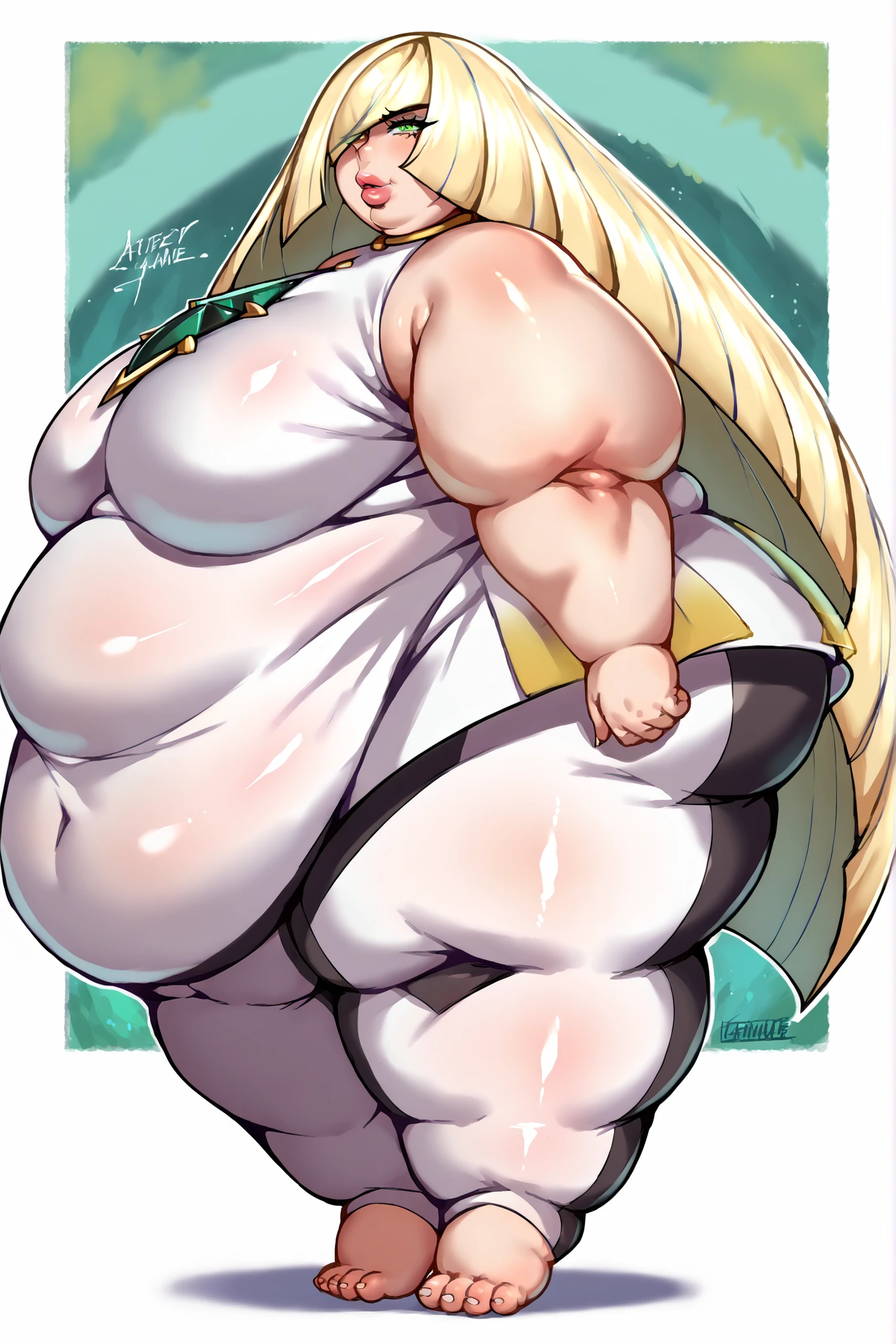 (masterpiece, best quality, highres, absurdres), 1girl, Elegg, big belly, big , art by kipteitei, arms behind back, simple background, gradient background,