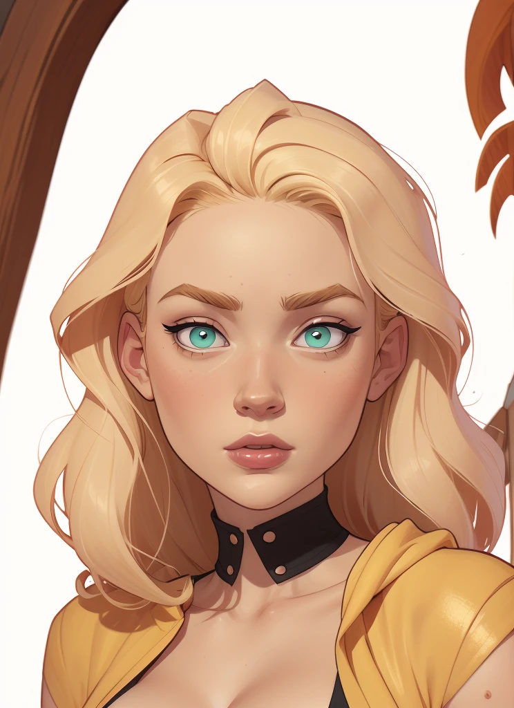 Thin woman, age 25, 4K (High definition), thoughtful, seducing gaze, greeneyes, wearing a tiara and a royal dress (gray and gold) with a boat neckline and long sleeves, choker on the neck, brown belt, Caucasian skin, long blonde hair, standing (upper body), full of curves with freckles across her chest and neck, natural round breasts. Marvel style high quality, white background.