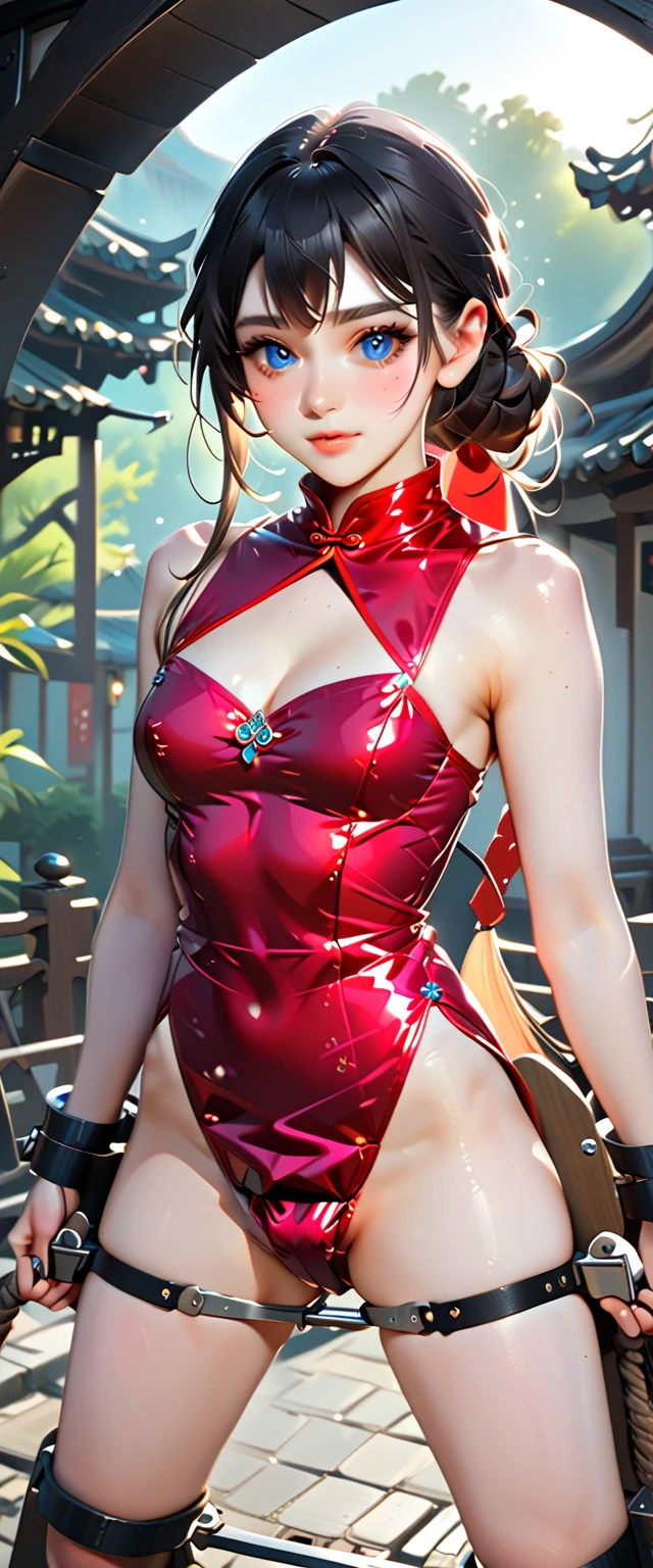 Anime girl in red dress holding cake with big smile, blonde anime girl with long hair, seductive anime girl, anime goddess, cute anime waifu in beautiful dress, loli in dress, xianxia full-length, at pixiv, pixiv 3dcg, big breasts, oppai, pixiv, heise jingyao