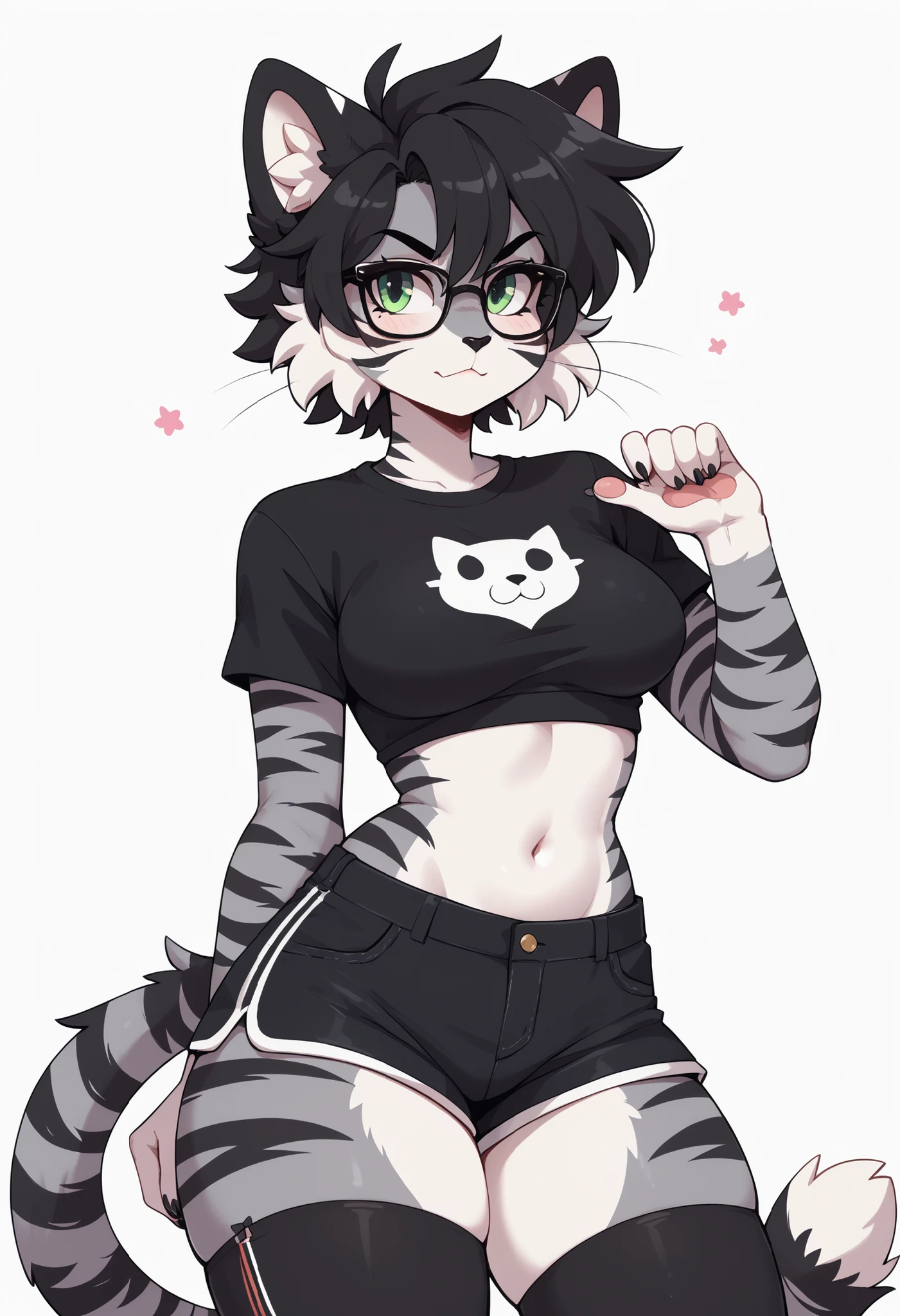 (Masterpiece) (High Detail) (High Res) A close up of a short, slim, curvy and cute fluffy black cat furry with Black and Dark Grey fur with black tiger stripes and white tummy fur and green eyes and a curvy effeminate shape and black spikey emo hair and thick thighs and curvy hips and a fluffy black stripy tail and a black cat nose and medium breasts. She is wearing glasses and has black spikey emo hair. She looks serious and shy and is wearing a black crop top and shorts.