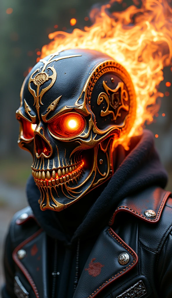 close-up, scull, burning eyes, dark background, flames in the eyes